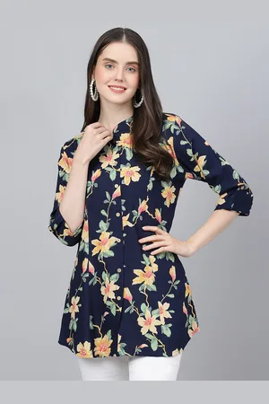 Kalini Floral Printed Roll-Up Sleeves Shirt Style Longline Top