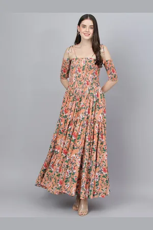 Kalini Floral Printed Shoulder Straps Smocked Tiered Cotton Maxi Dress