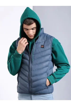 The Indian Garage Co Men Blue Floral Striped Outdoor Puffer Jacket