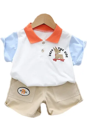 Stylecast Kids White Printed Polo Collar Pure Cotton T-shirt With Shorts Clothing Set