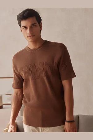 Andamen Ribbed Round Neck Short Sleeves Cotton Pullover Sweater