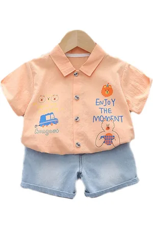 Stylecast Kids Orange Printed Pure Cotton Shirt with Shorts