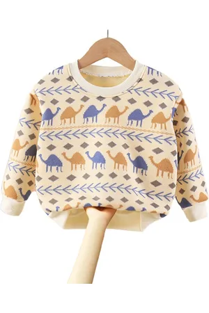 Stylecast Girls Beige & Blue Graphic Printed Cotton Pullover Sweaters