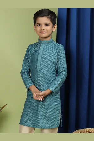 TABARD Boys Floral Embroidered Chikankari Cotton Straight Kurta