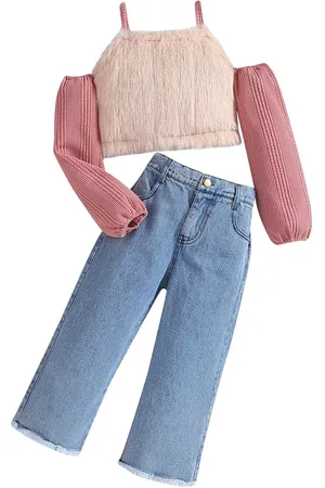 Stylecast Girls Pink & Blue Self Designed Top with Trousers