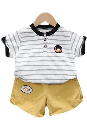 Stylecast Unisex Kids Grey & Mustard Striped Pure Cotton T-shirt with Shorts