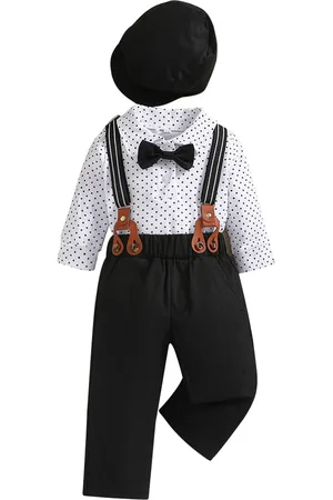 Stylecast Boys Black Polka Dots Printed Shirt With Trouser & Suspenders & Cap