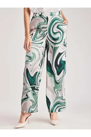 FableStreet Women Abstract Printed Loose Fit High-Rise Satin Parallel Trousers