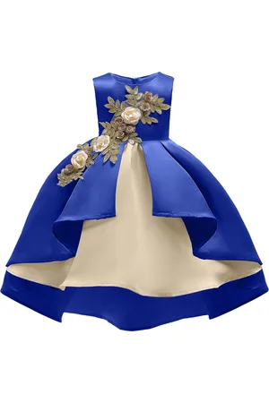Stylecast Girls Blue & Off White Colourblocked Applique Cotton Maxi Party Dress