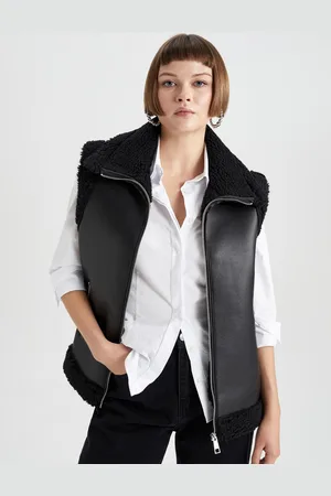 DeFacto Spread Collar Leather Jacket With Faux Fur Detail