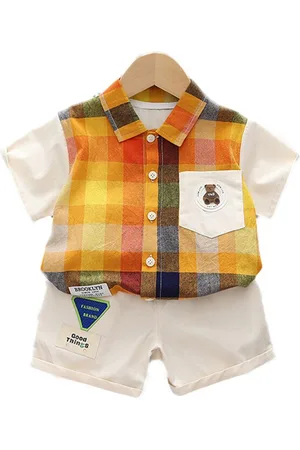 Stylecast Kids Orange Checked Pure Cotton Shirt with Shorts