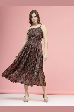 Pluss Brown Ethnic Motifs Printed Smocked Tiered A-Line Dress