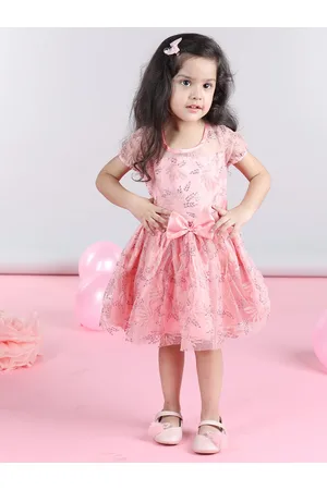 Cutiekins Girls Embellished Puff Sleeve Net Bow Fit & Flare Dress