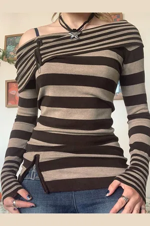 Stylecast Brown Striped Off-Shoulder Georgette Top