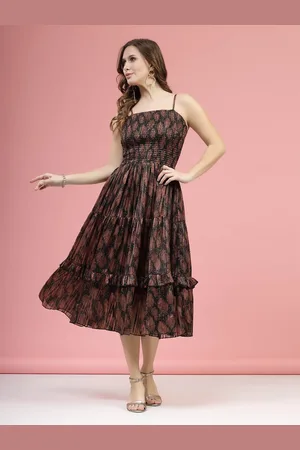 Pluss Brown & Black Ethnic Motifs Printed Smocked Tiered A-Line Dress