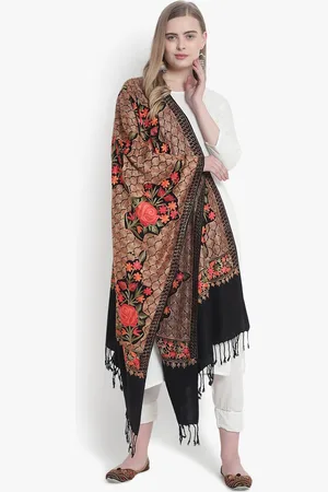 Mizash Women Black & Coral Floral Embroidered Shawl
