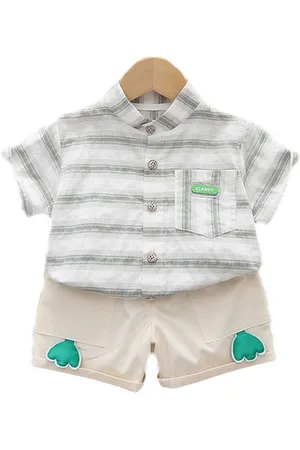 Stylecast Boys Green Striped Short Sleeves Band Collar Shirt With Shorts