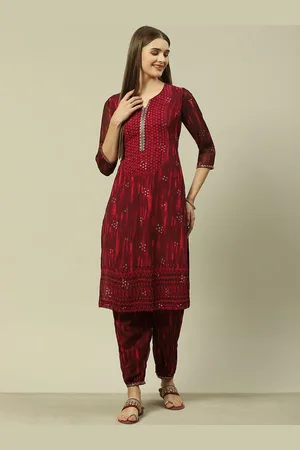Rangriti Abstract Printed Sequinned Detail Straight Kurta with Salwar
