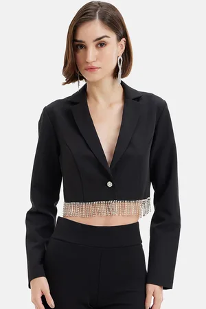 Kazo Single-Breasted Crop Cotton Casual Blazer With Embellished Detail