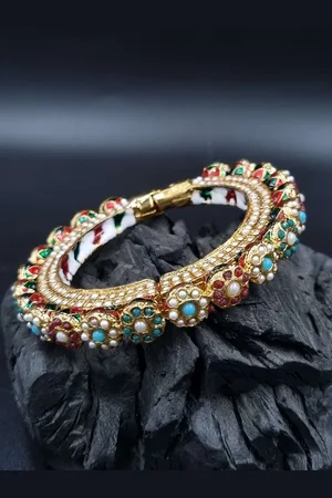 Anouk Turquoise Blue Gold Plated Pearl Studded Ethnic Rajasthani Bangles