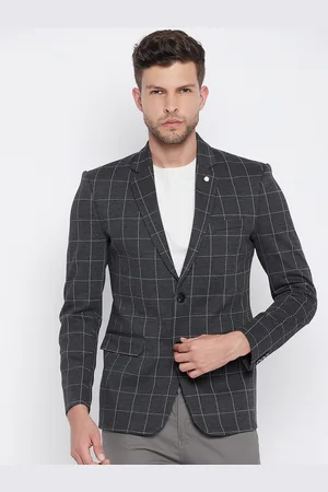 Crimsoune Club Men Grey & White Checked Single-Breasted Slim-Fit Formal Blazer