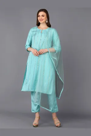 Ahika Women Sea Green Striped Sequinned Kurta With Trousers & Dupatta