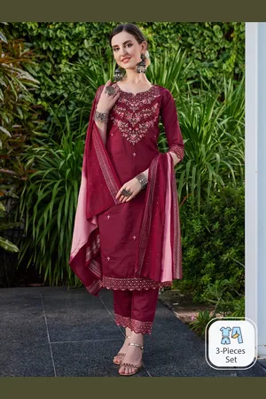 Berrylicious Floral Embroidered Chanderi Cotton Straight Kurta & Trouser With Dupatta