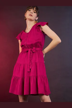 DressBerry Pink V-Neck Flutter Sleeves Belted Fit & Flare Dress