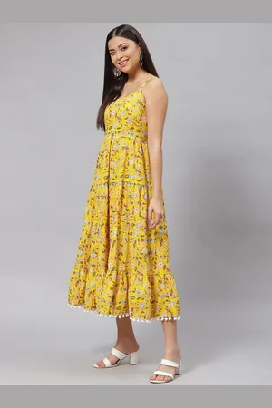 Kalini Floral Printed Shoulder Straps Pom-Pom Detail Tiered A-Line Midi Dress