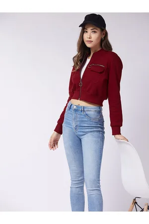 DressBerry Maroon Stand Collar Fleece Crop Tailored Jacket