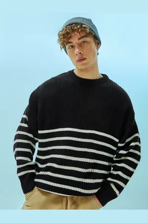 Bewakoof Black & White Striped Super Loose Fit Flat Knit Acrylic Pullover Sweater