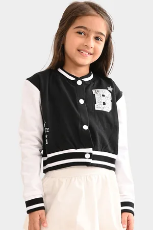 BONKIDS Girls Black Colourblocked Front Open Cotton Sweatshirt