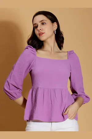 DressBerry Purple Textured Puff Sleeves Peplum Top
