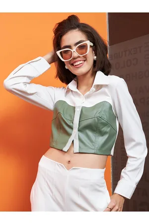 ATHENA Colourblocked Cuffed Sleeves Leather Shirt Style Crop Top