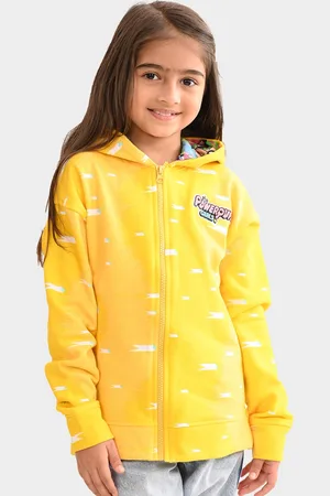 BONKIDS Girls Geometric Printed Hooded Front Open Cotton Sweatshirt