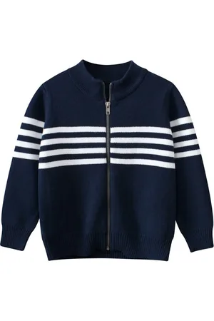 Stylecast Boys Navy Blue & White Striped Cotton Mock Collar Pullover Sweaters