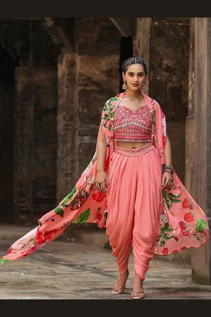 SCAKHI Floral Printed Embroidered Pure Silk Crop Top With Dhoti Pants & Shrug