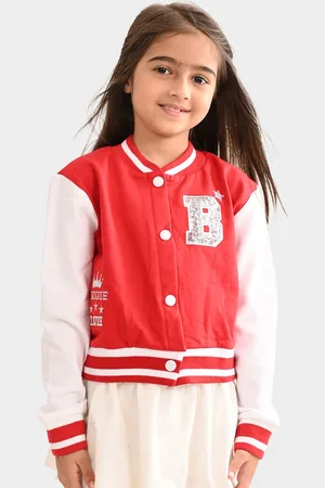 BONKIDS Girls Red Colorblocked Cotton Front Open Sweatshirt