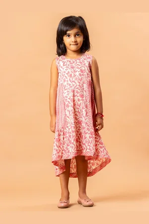 Sangria Girls Pink Floral Printed Pure Cotton A-Line Midi Dress