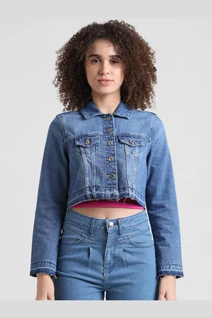 ONLY Spread Collar Washed Pure Cotton Crop Denim Jacket