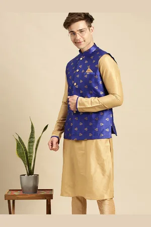 Sanwara Men Blue & Gold-Colored Printed Woven Nehru Jacket