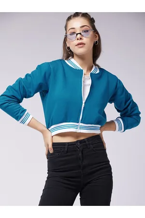 DressBerry Teal Blue Stand Collar Fleece Crop Bomber Jacket