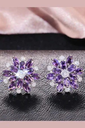 Designs & You Silver-Plated American Diamond Studded Floral Purple Stud Earrings