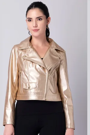 FabAlley Gold Toned Lapel Collar Faux Fur Crop Biker Jacket
