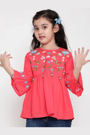 BAESD Girls Floral Embroidered Bell Sleeves Peplum Top