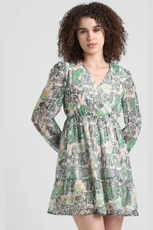 ONLY Ethnic Motifs Printed Puff Sleeves Flounce Chiffon Fit & Flare Dress
