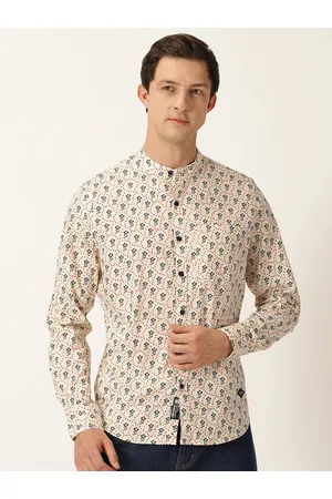 Provogue Classic Slim Fit Floral Printed Band Collar Long Sleeve Cotton Casual Shirt