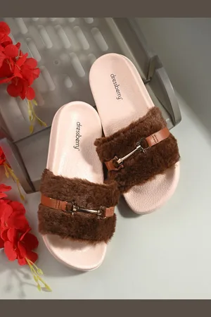 DressBerry Women Brown Embellished Velvet Sliders