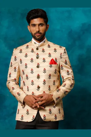 Vastramay Floral Printed Mandarin Collar Long Sleeve Slim Fit Bandhgala Blazer
