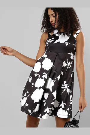 Campus Black Floral Print Fit & Flare Dress